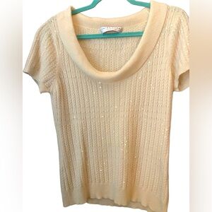 Trina Turk Cashmere Sweater Ribbed Pullover Sequin Short Sleeve Cream M Women's